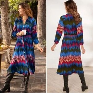 Soft Surroundings Ancient Isle Jersey Midi Dress Button Front Smocked Size Small